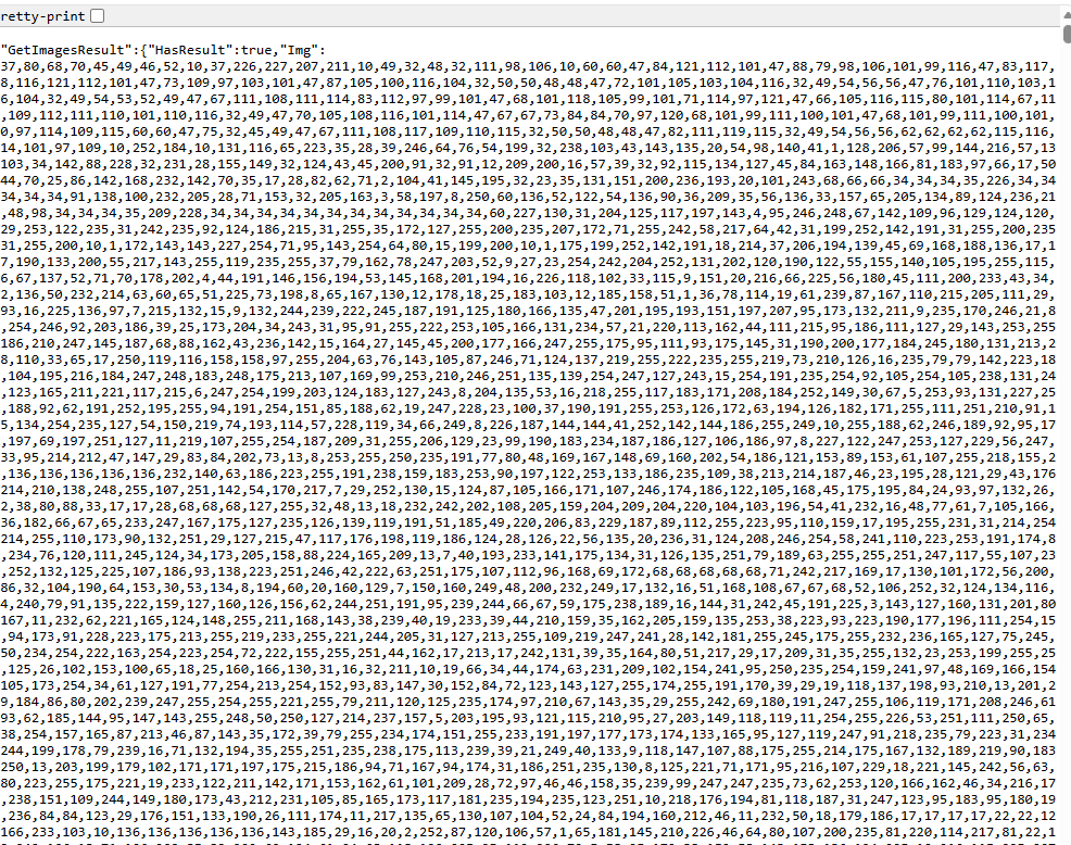 GetImages JSON response showing HasResult true and the Img byte array